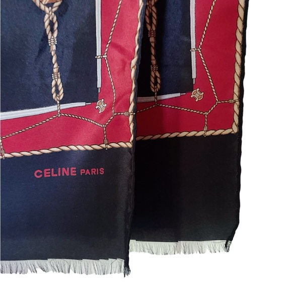 Vintage Celine Paris Silk Scarf Chain Equestrian Navy Rectangle 11x24 Rolled Hem - Picture 2 of 5